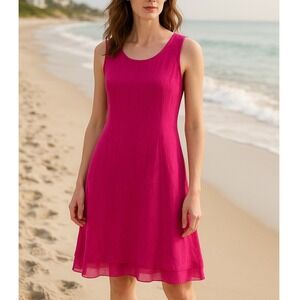 Allegra Masetti 100% Linen Hot Pink Knee Length Tank‎ Dress SMALL Ruffle Hem S